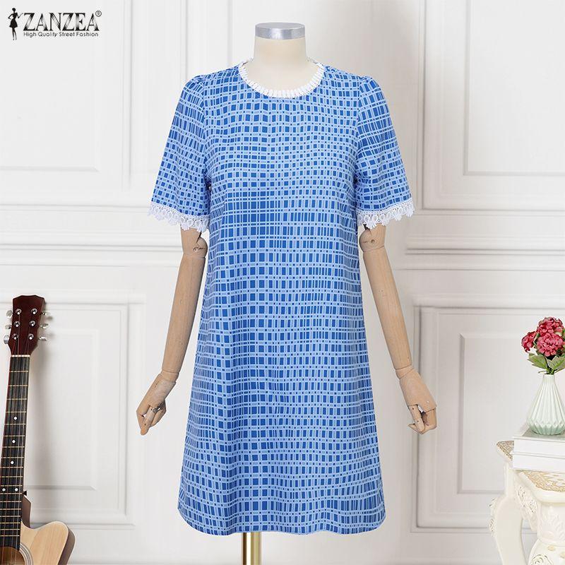 ZANZEA Women Casual Round Neck Short Sleeve Print Dress