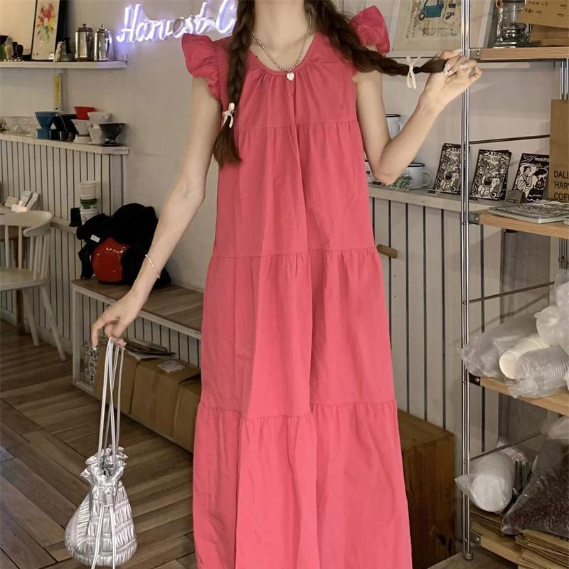 Sweet Flying Sleeve Dress for Women New Spring Fresh Loose Design Round Neck Long Skirt Chic