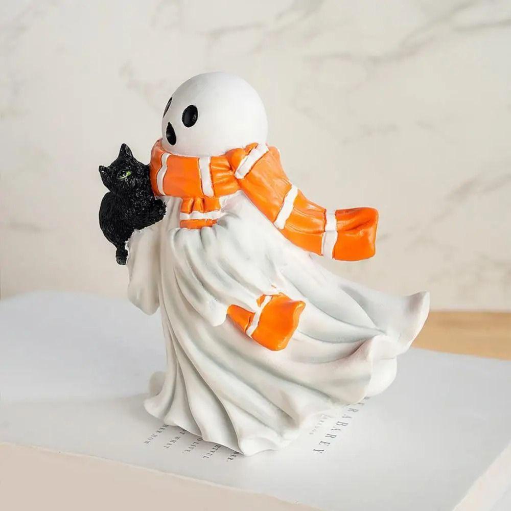 Creative Halloween Ghost Statue Cartoon Halloween Figurine Ghost Black Cat Sculpture  Office Decor