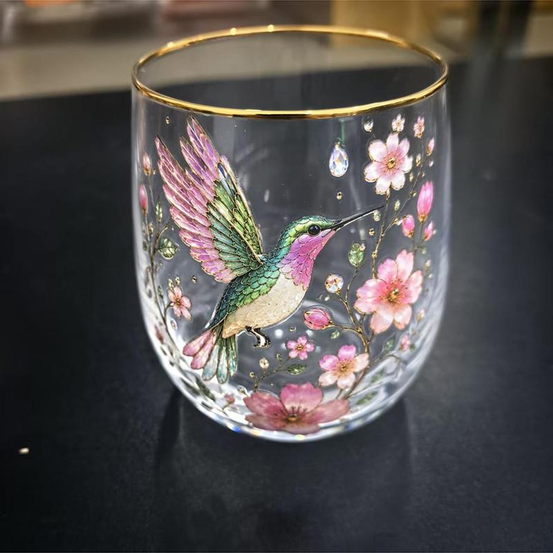 Vintage Painted Animal & Floral Gold Rim Glass Tumbler, Egg-shaped Lead-Free Glass Cup, Creative Gift Cup for Whiskey, Juice and Water