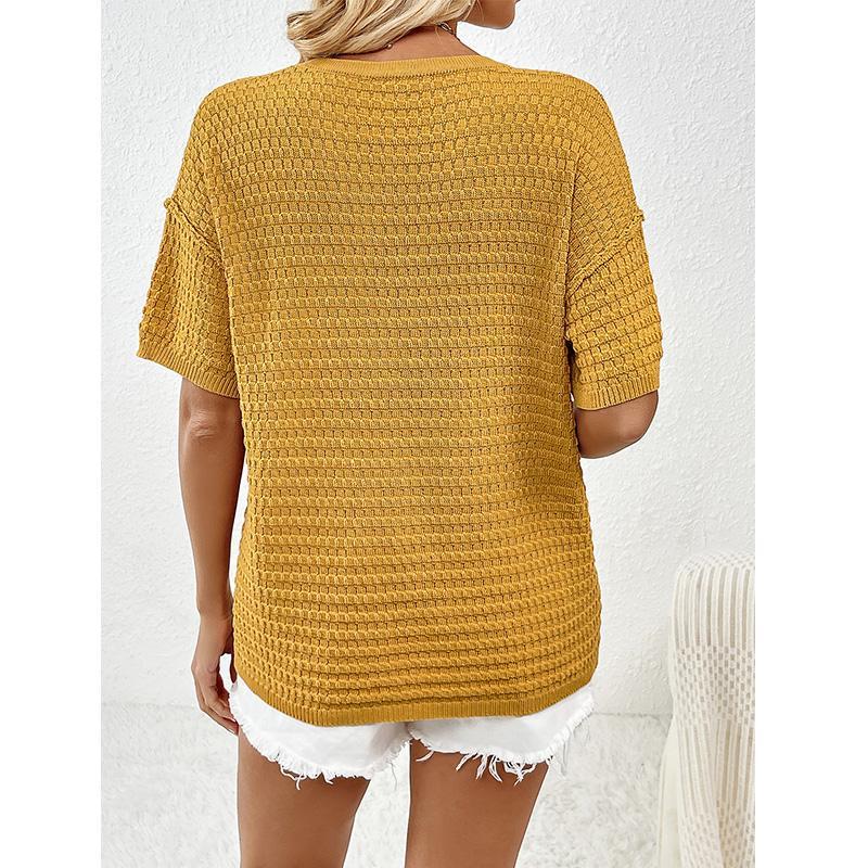 New Spring/Summer Women's Pullover Pocket Home Short Sleeve Solid Color Women's Knitwear