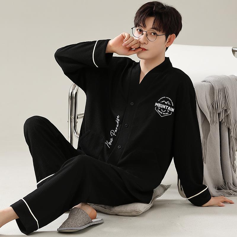 Herren Kimono Langarm Pyjama Set Cardigan Baumwolle Frühling und Herbst Loungewearkoreanische Mode Loungewear
