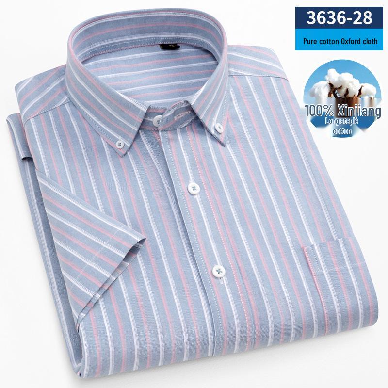 Herr sommar Oxford bomull kortärmad skjorta - Business Casual, Enzymtvättad, Antibakteriell