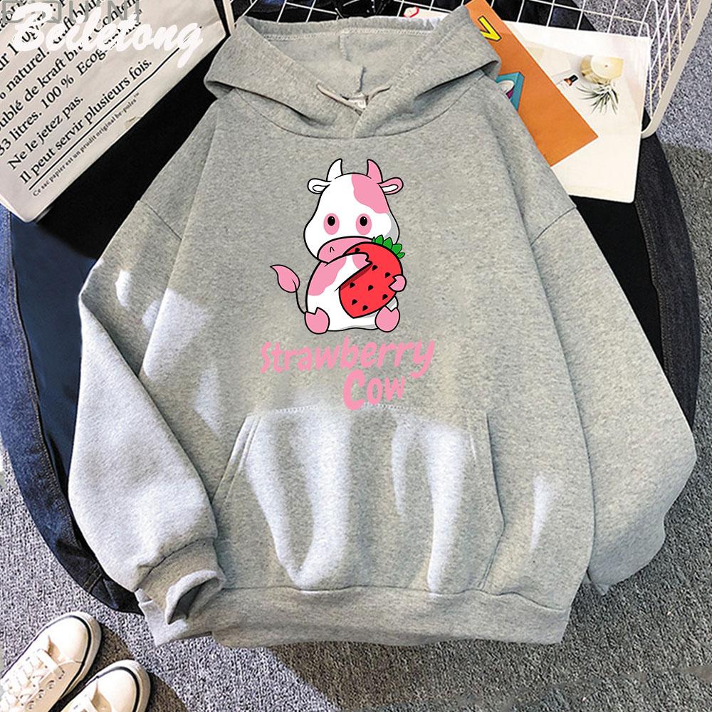 Strawberry Milk Cow Cartoon Hoodie Kawaii Clothing Aesthetic Girls Sudadera Mujer Pink Long Sleeve Loose Sweatshirt