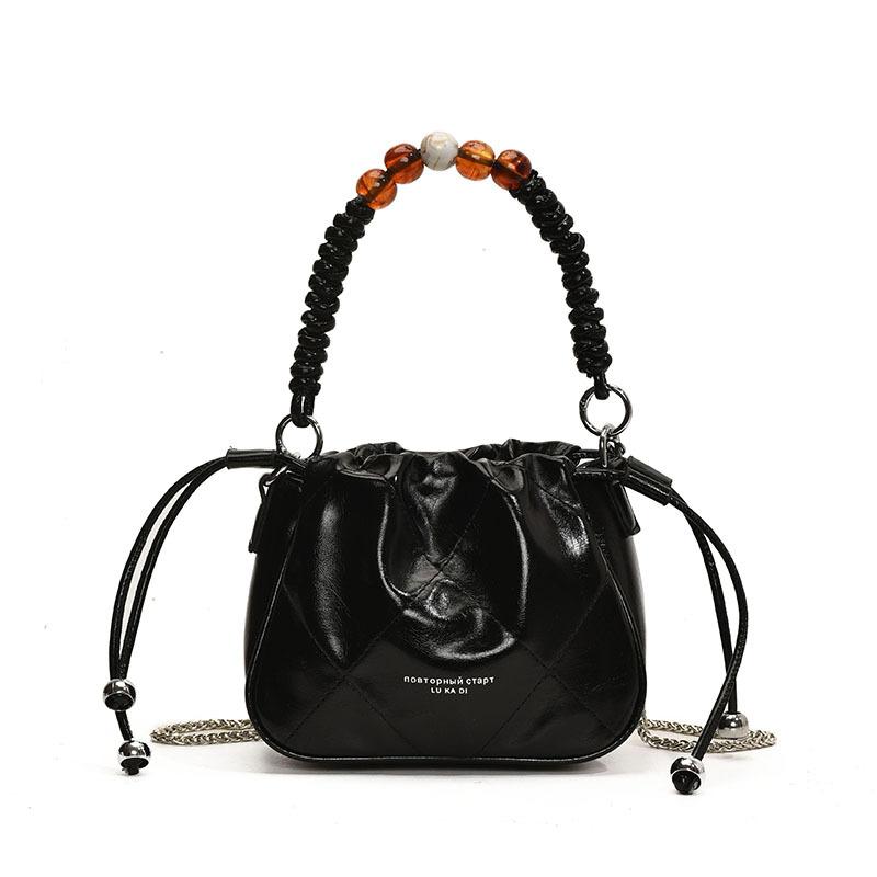 

Crossbody Premium Textured Rhombus Oil Wax Leather Drawstring Bucket Bag Niche Design Versatile Chain Crossbody Bag Women чорний