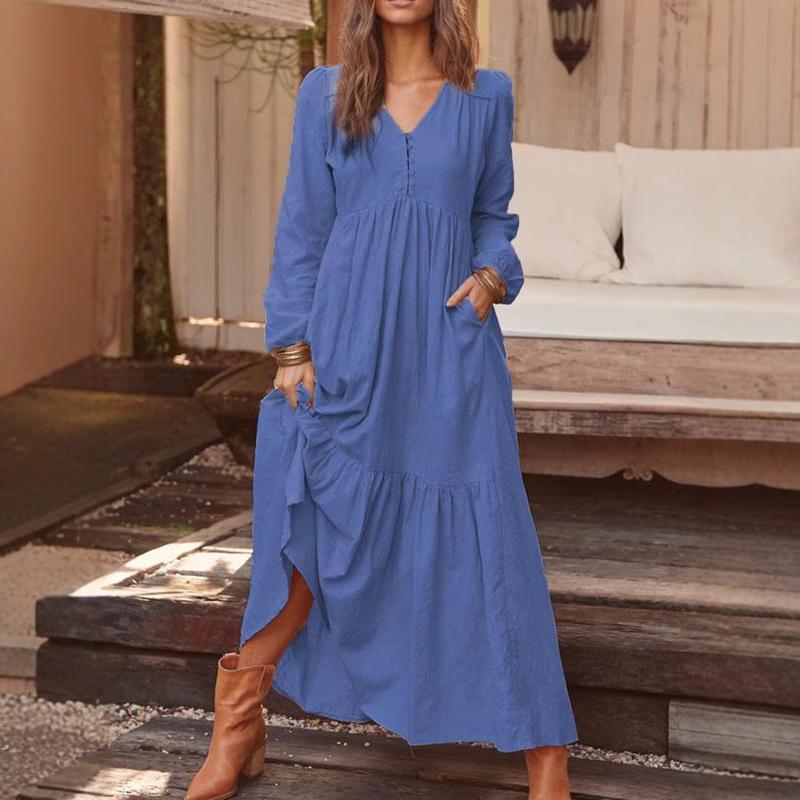 Womens Long Sleeve Maxi Dress V Neck Button Down Solid Colour Retro Long Dresses Loose Vacation Wrap Dresse