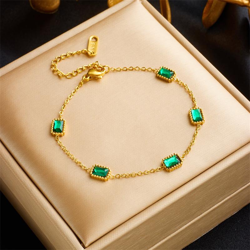 Emerald Zircon Titanium Steel Bracelet: Durable, Elegant 18K Gold for Women - Versatile Spring/Summer Jewelry