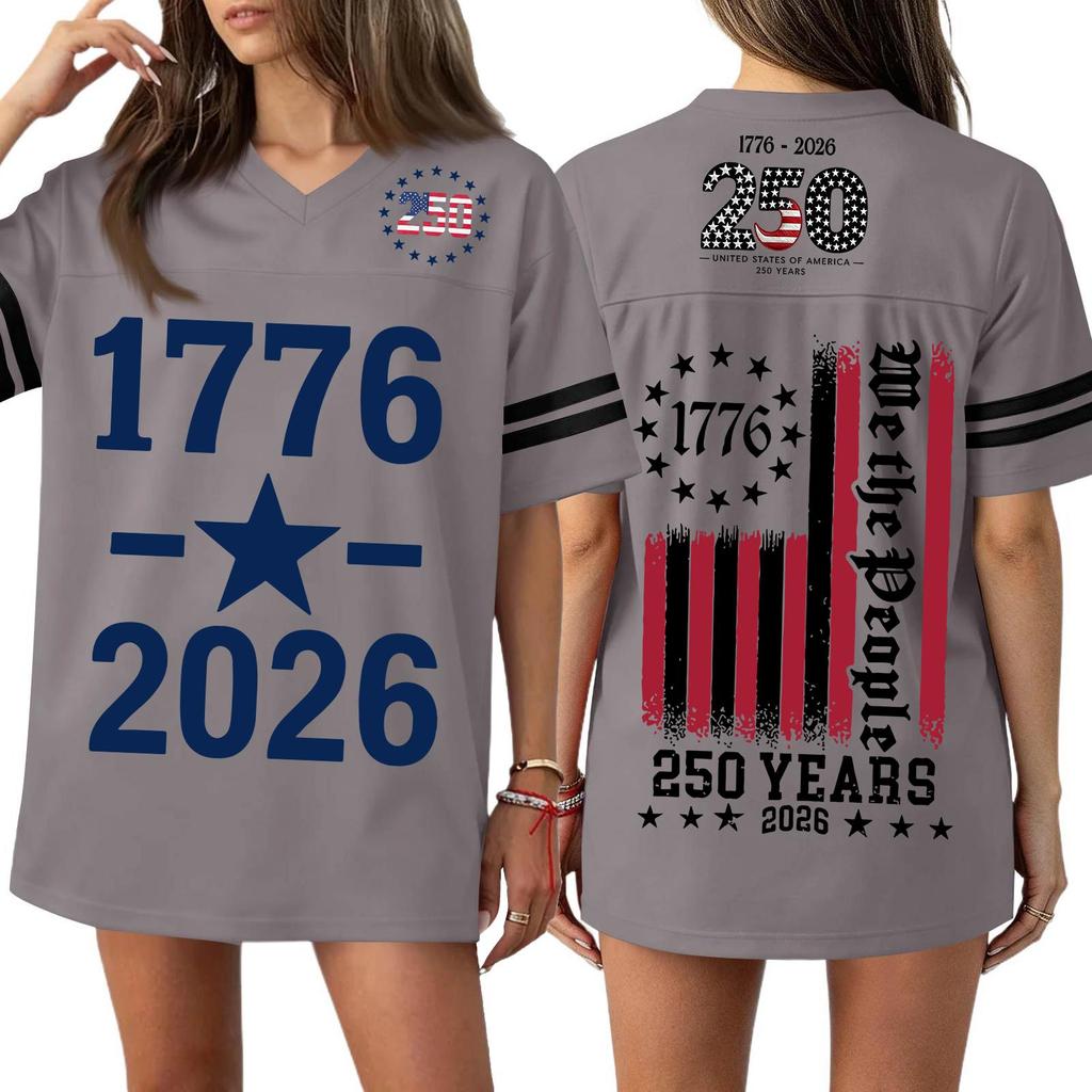 Women V Neck Casual Loose Fit Sports Jersey Top with 250th Anniversary Print Short Sleeve Independence Day Shirt