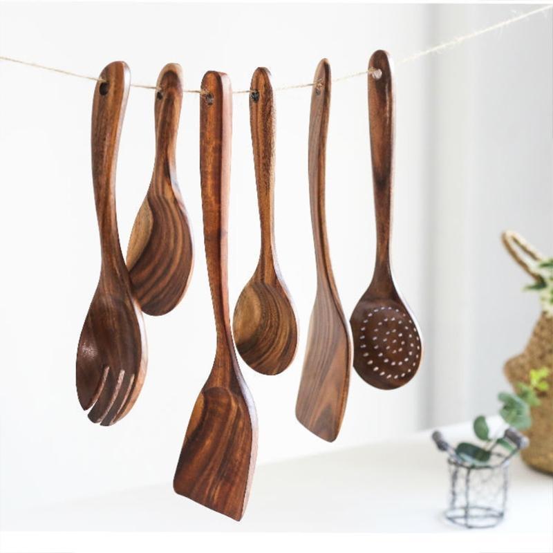 8 Pieces Wooden Cooking Spoons Wooden Tableware for Cooking Utensils Rack Natural Teak Wooden Kitchen Utensils Set