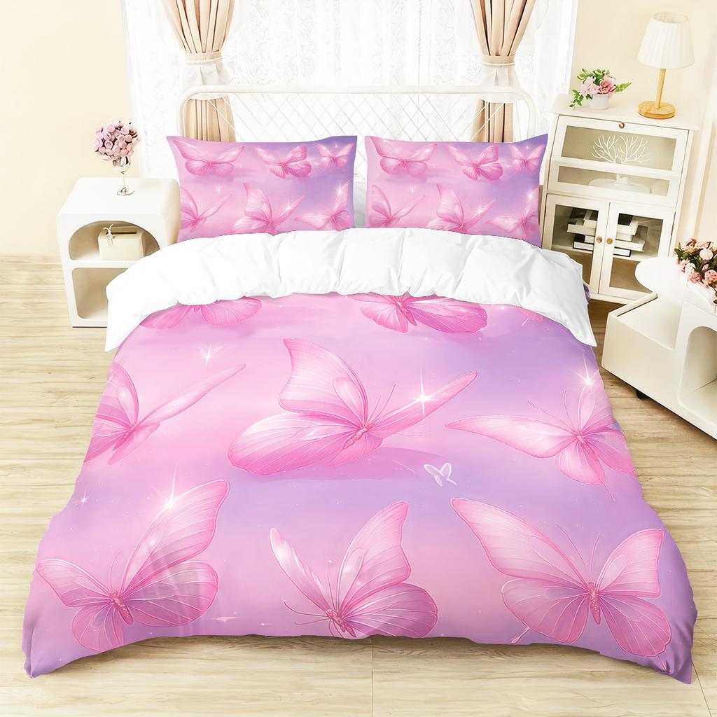 3Pcs Pink Butterfly Patterned Duvet Cover Set, 1 Duvet Cover+2 Pillowcases, Coreless. Soft And Comfortable Bedding Set