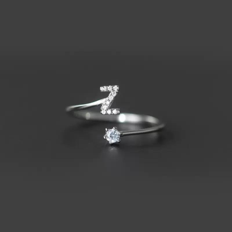 Fashion 925 Silver 26 Letter Ring Sparkling Diamond Zircon Open Ring Index Finger Your Ring Birthday Party Jewelry