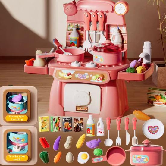 Juego de Cocina para Niños de 34 Piezas con Luz y Sonido, Juego de Parrilla para Juego de Roles para Educación Temprana, Juguetes de Cocina Casera