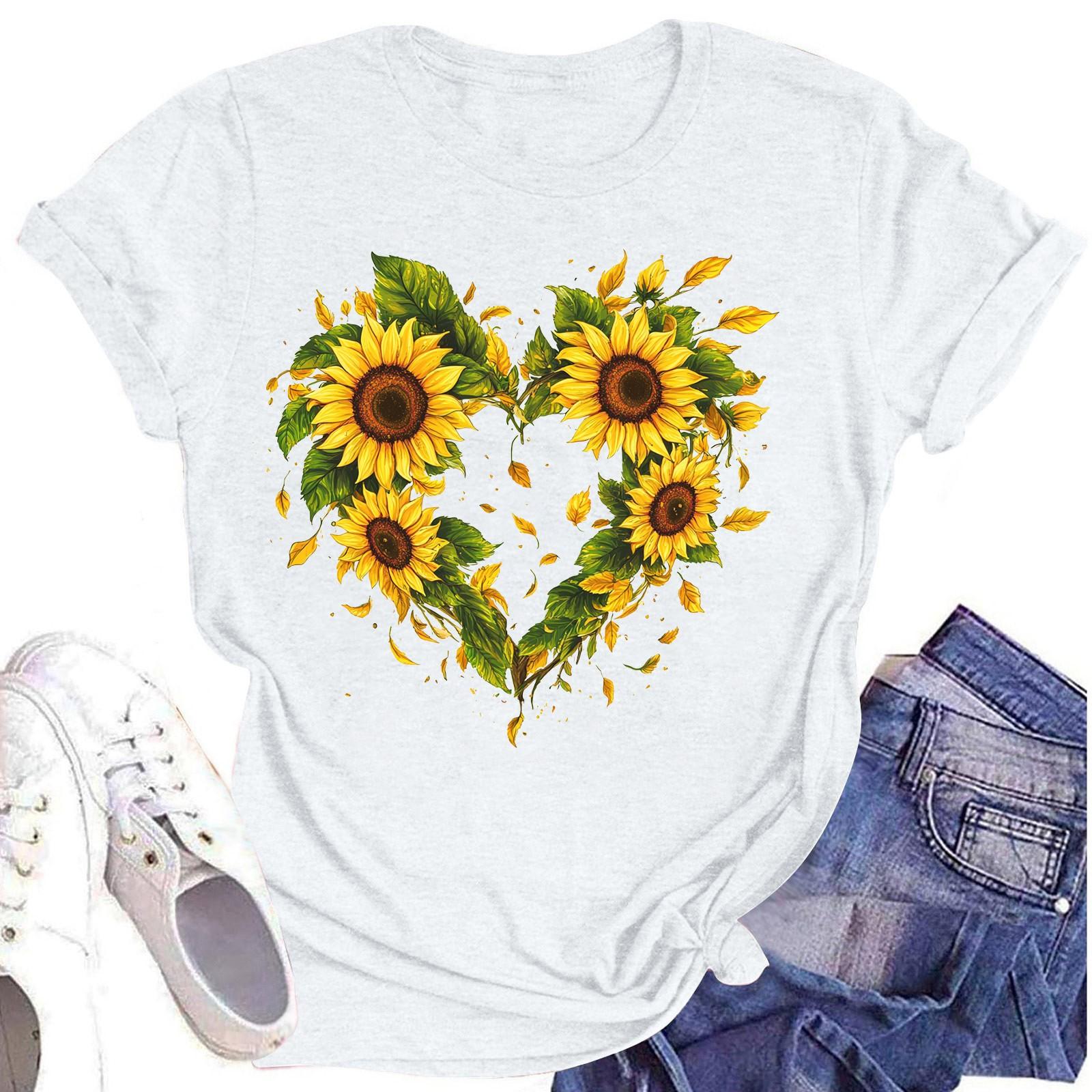 

Женская повседневная футболка с круглым вырезом и цветочным принтом, короткий рукав S белый
