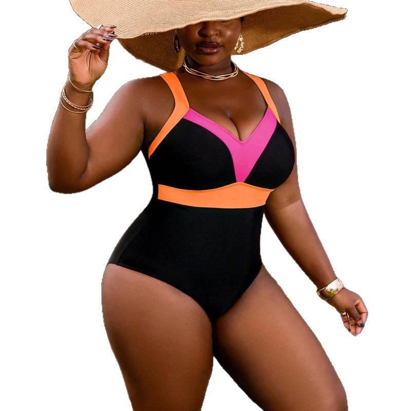 European and American Solid Color Dark V One-piece Swimsuit Conservative Swimsuit Bikini 4XL