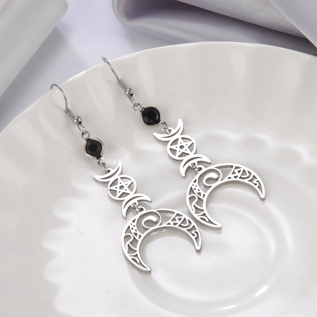 Dawapara Crescent Goddess Black Birthstone Stainless Steel Earrings Triple Moon Wicca Pentagram Gothic Drop Earrings
