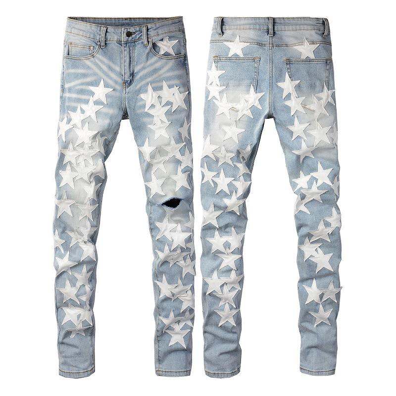 High-street PU White Star-print Trendy Jeans: