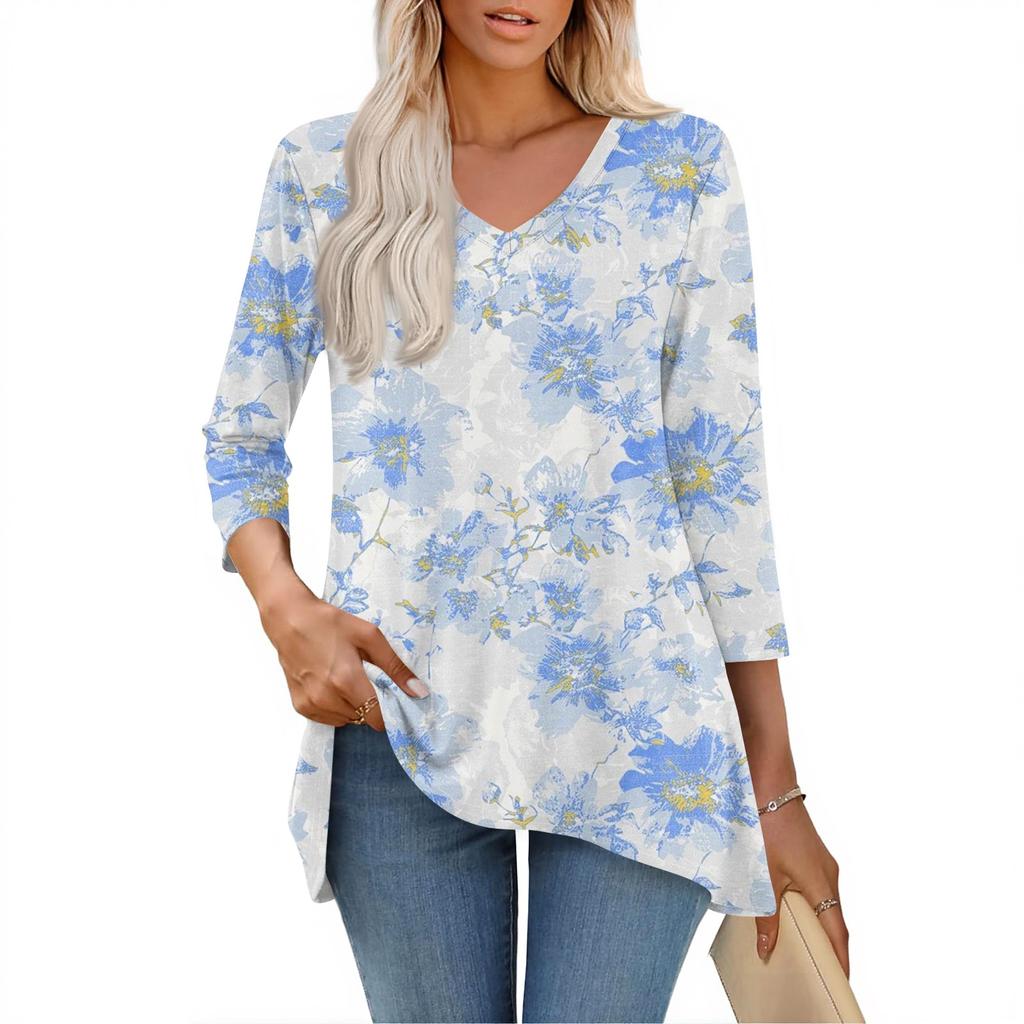 Womens Tops V-neck 3/4 Sleeve Blouses Casual Mid-length Shirts Fashion Print Tunic Tops