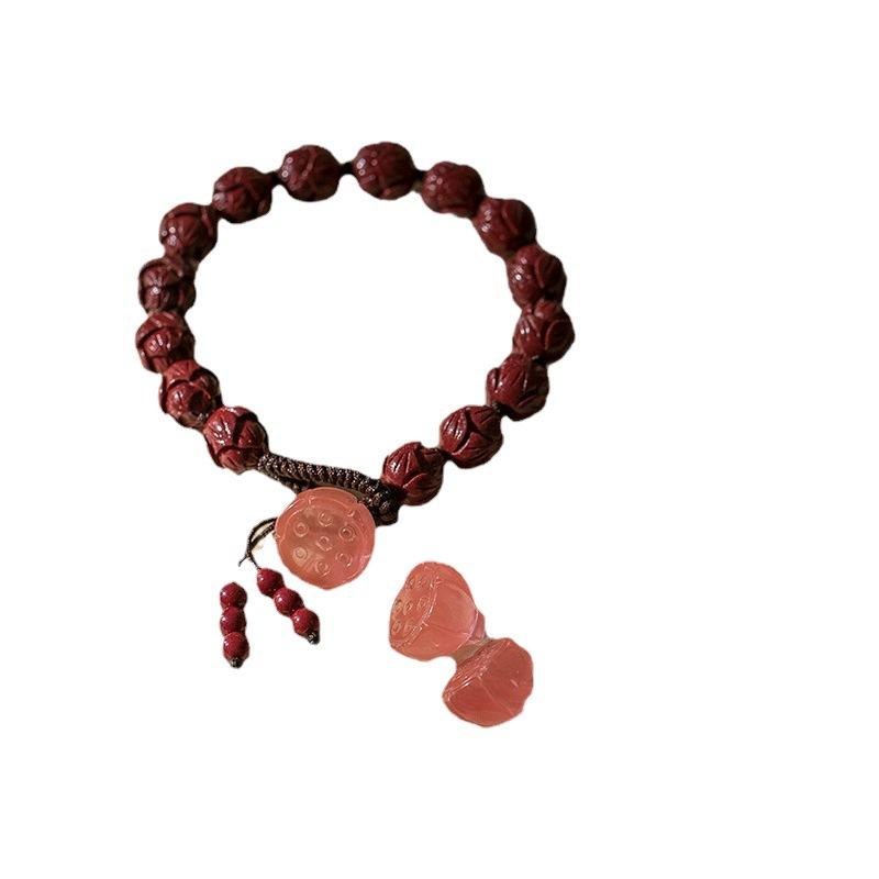 Women's Cinnabar Bracelet with Purple Gold Sand, Original Ethnic Style Bracelet with Lotus Flower and Zodiac Beads