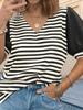 Women's Striped Color Block V Neck T Shirt Puff Sleeve Oversized Casual Top