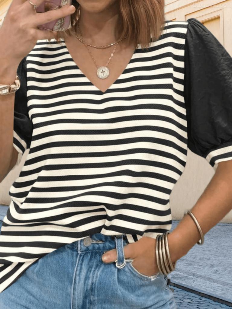Women's Striped Color Block V Neck T Shirt Puff Sleeve Oversized Casual Top