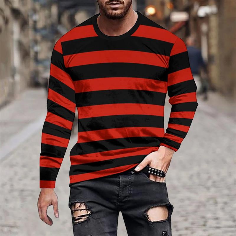 

Мужские футболки с 3D-печатью, с разноцветными полосками, сшитые, осенние, повседневные, с круглым вырезом, свободные футболки с длинным рукавом 2XL