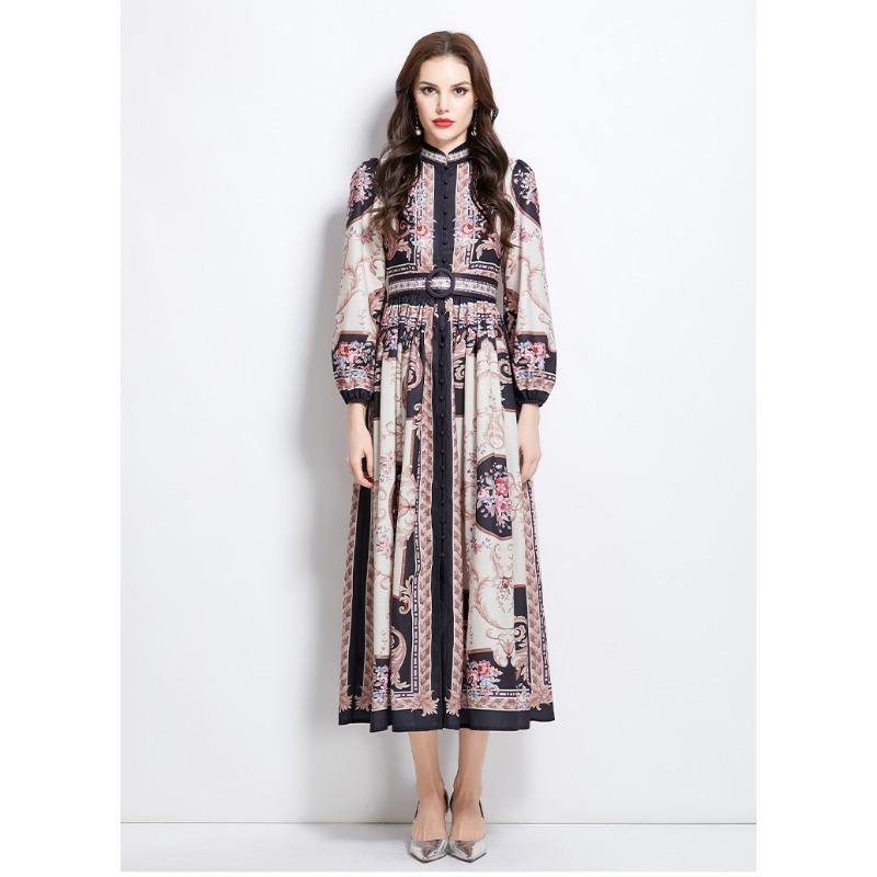 Summer Autumn Women Vintage Print Designer Runway Dress Stand Collar Single Breasted Long Maxi Holiday Party Dresses with Belt