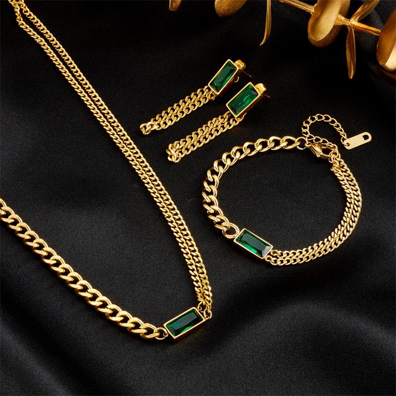 Gold Plated Cuban Link Emerald Cubic Zirconia Jewelry Set Necklace Bracelet Earrings