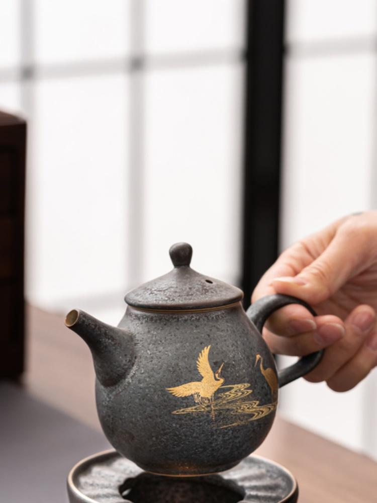 Crane Retro Japanese Style Teapot Vintage Ceramic Kung Fu Tea Little Pot of Dan Hu Pu'er Tea Tea Kettle Teaware