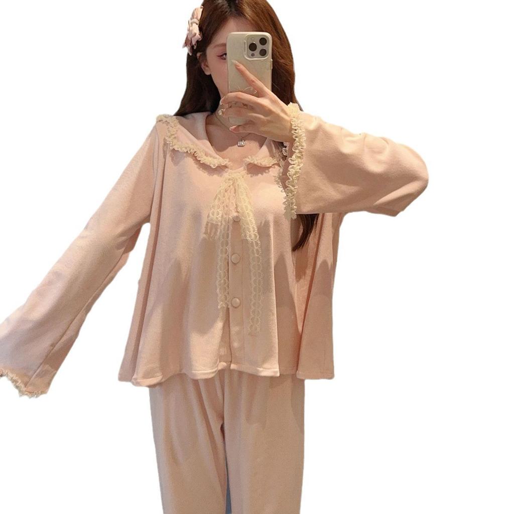 Autumn new double-sided island velvet pajamas women's new lace solid color long-sleeved trousers doll collar loungewear sweet