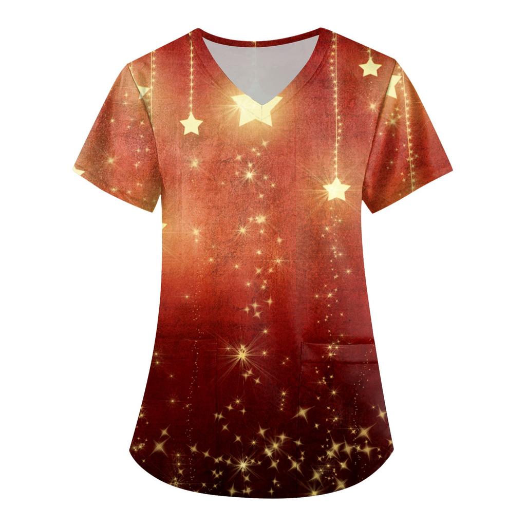 Women'S Christmas Printed Work Clothes V-Neck Double Layer Pockets Basic Top Pullover