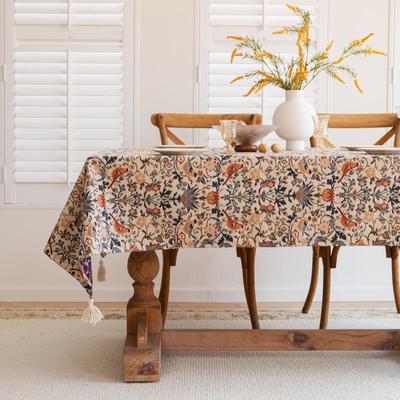 Tischdecke aus Jacquardstoff im amerikanischen Stil mit Quasten – Blumen- und Vogeldesign, Retro-Baumwoll-Leinen-Mischgewebe, rechteckig