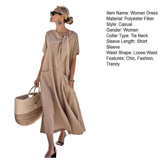Women Summer Long Dress Tie Neck Short Sleeve Flowy Beach Sundress Casual Loose Vacation Long Dress with Pockets