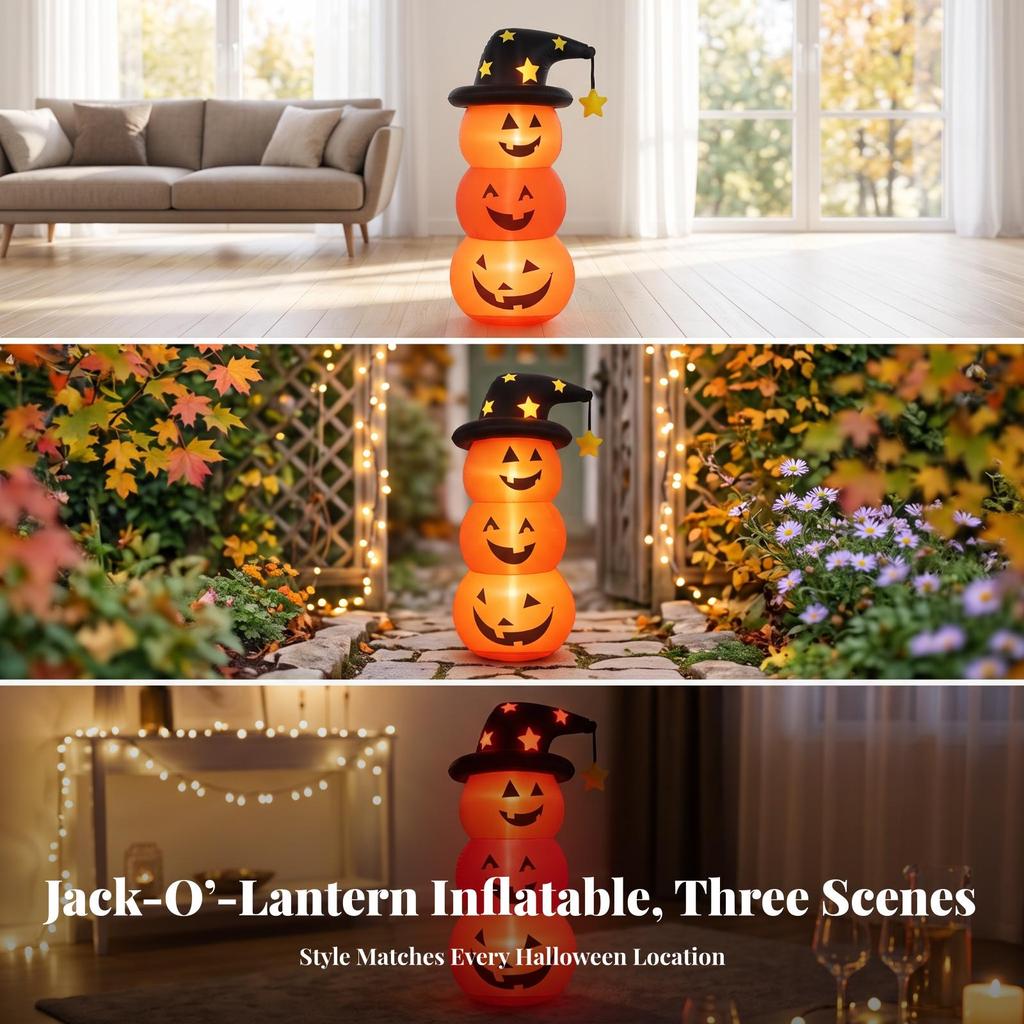Inflatable Pumpkin Stack Long-Lasting Stacked Pumpkins with Witch Hat Waterproof