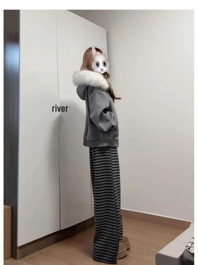 145 Striped Sticky Rice Pants for Women - Autumn/Winter 2026 Collection - Short Height, Thickened Casual Pants for a Visually Taller Look