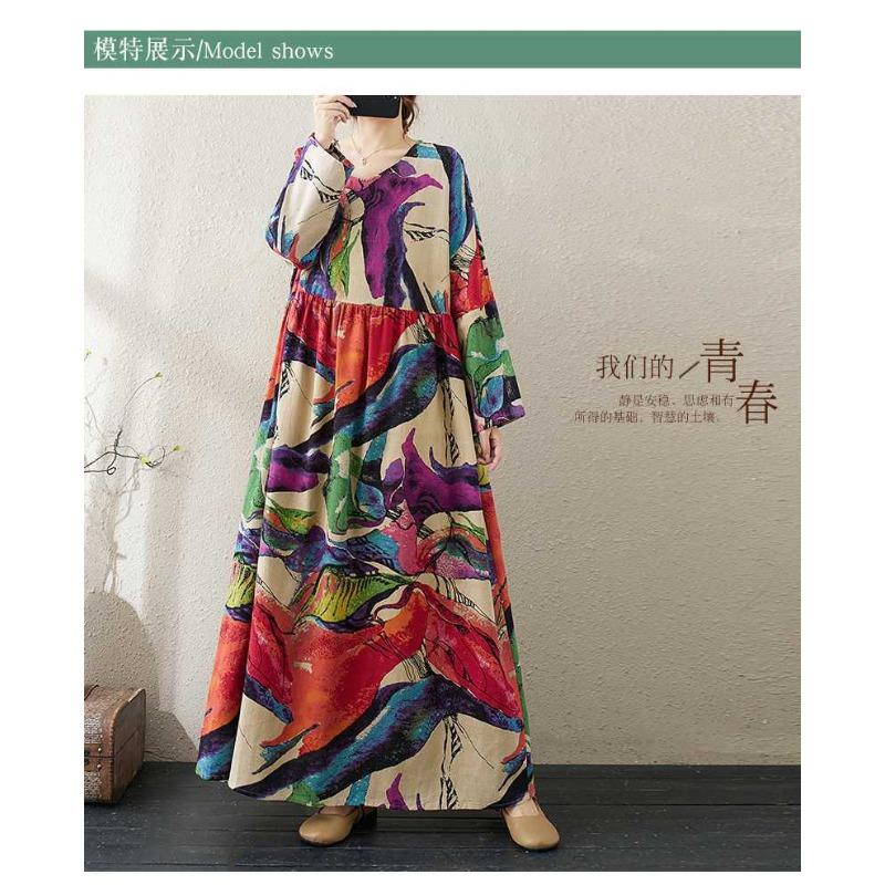 Round Neck Loose Plus Size Literary Plus Long Sleeve Dress