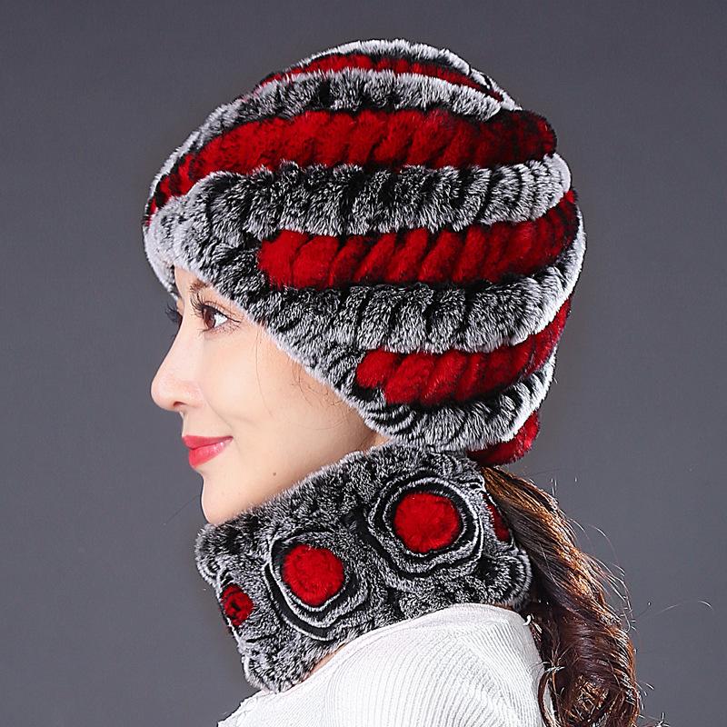 Hat Female Autumn Winter Trendy Versatile Rex Rabbit Hair Cycling Warm Ear Protection Fur Hat Scarf Set