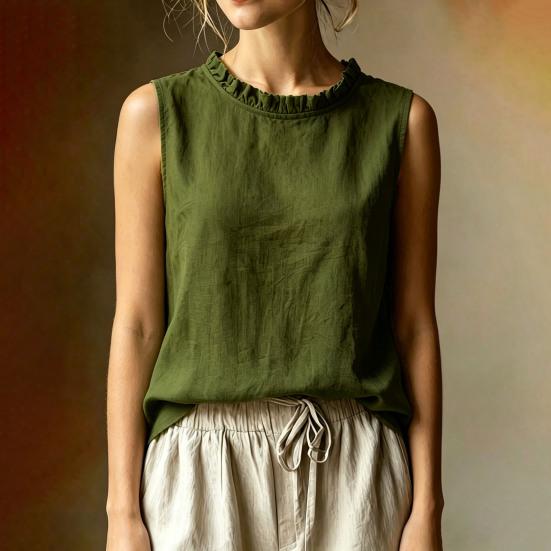 Damen Shirt Locker Geschnitten Ärmellos Rundhals Rüschenbesatz Lässige Oberteile Einfarbige Sommer Tanktops Tägliche Kleidung
