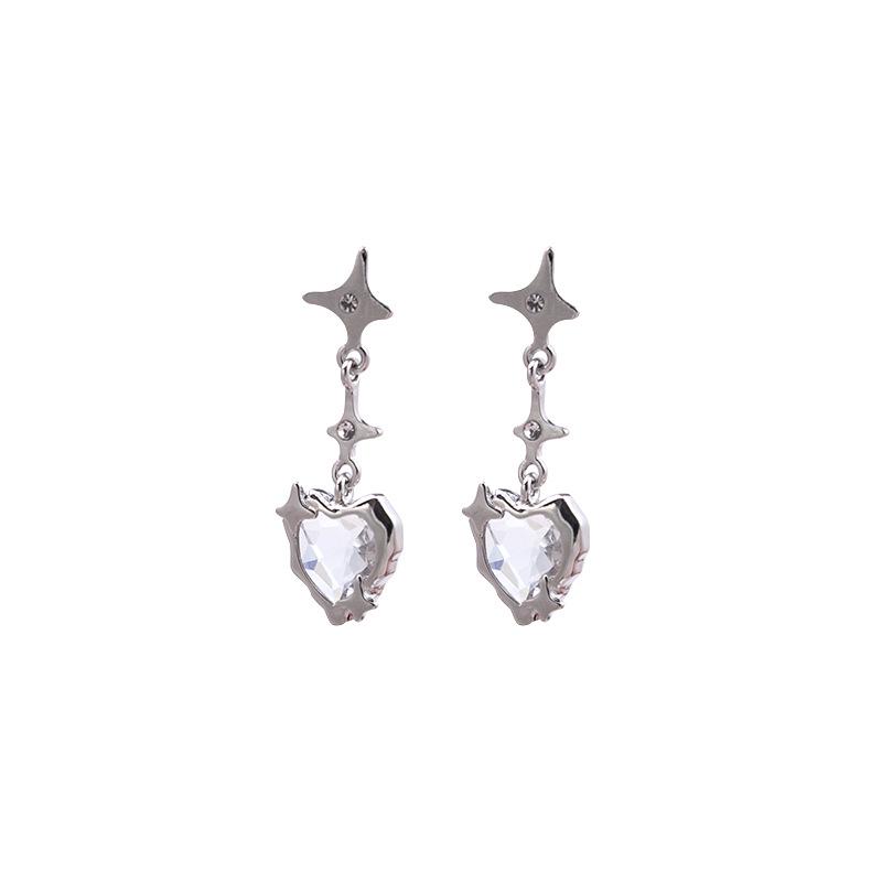 Silver Needle Red Howlite Heart & Star Dangle Earrings with Rhinestones