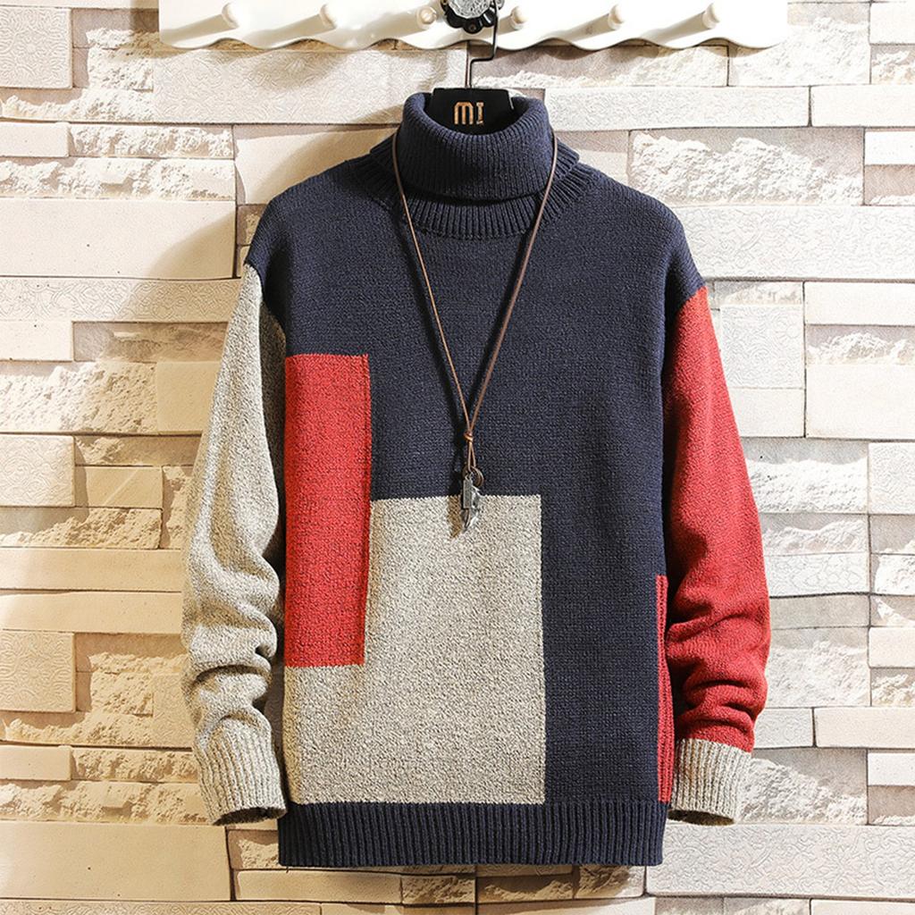 New Japanese New Men's High Collar Pullover Color Matching Sweater