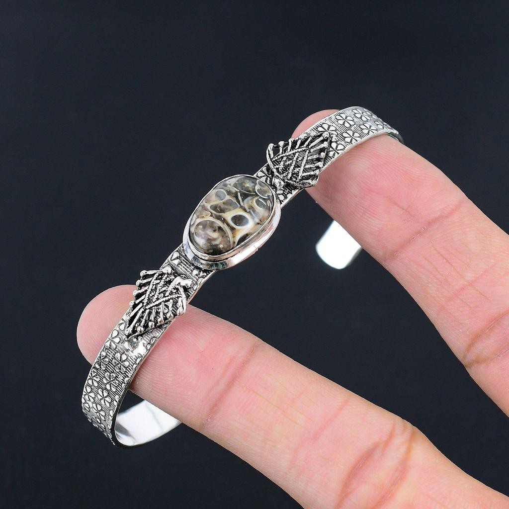 Sisters Day Sale Natural Turritella Agate 925 Silver Boho Mother Wedding Bangle