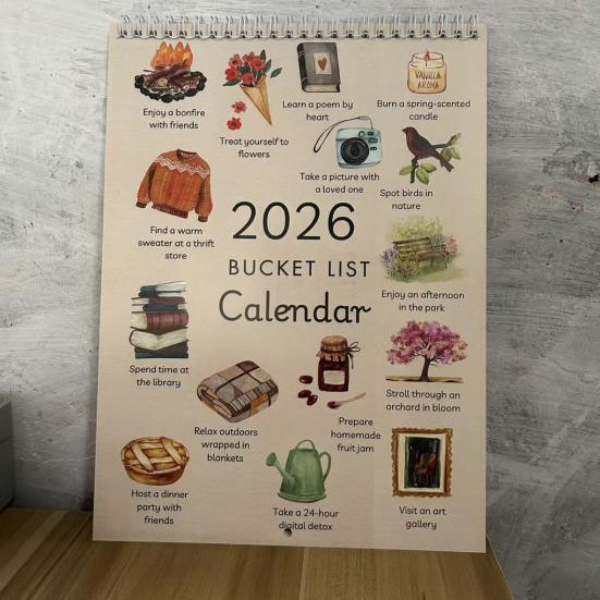 Yousheng 2026 Bucket-List-Kalender 12 Monats-Bucket-List-Wandkalender Spiralbindung Kunstplaner Notizbuch mit illustrierten Seiten Geschenk für Freunde