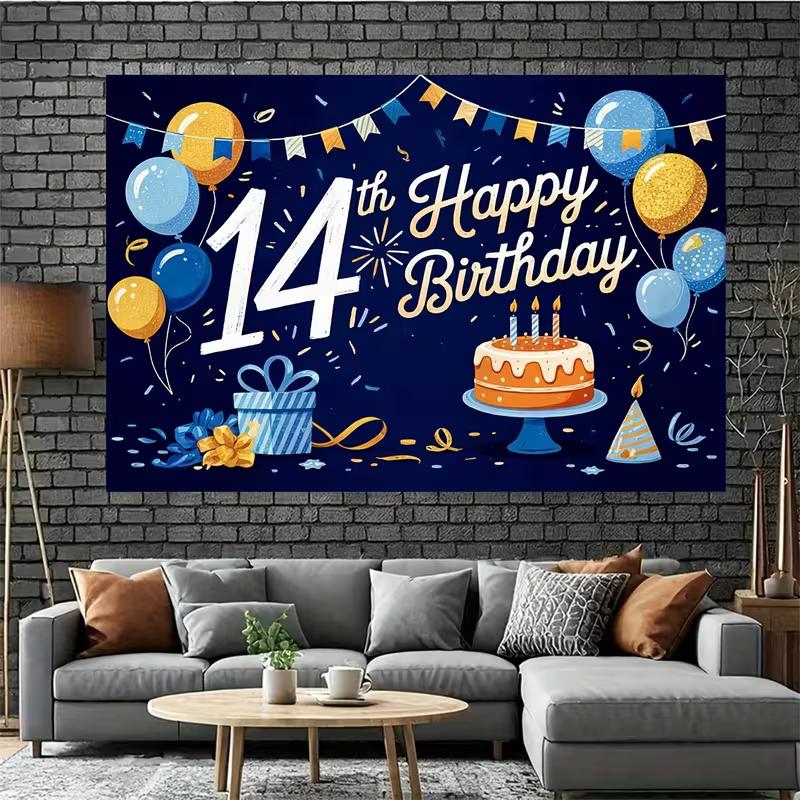 2D Happy 14th Birthday Backdrop, Navy Blue Gold Balloon & Cake Background Cloth