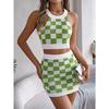 HNXC Spring Summer Color-blocking Checkered Crop Top, Hip-hugging Skirt, Knitted Suit Women's Wear