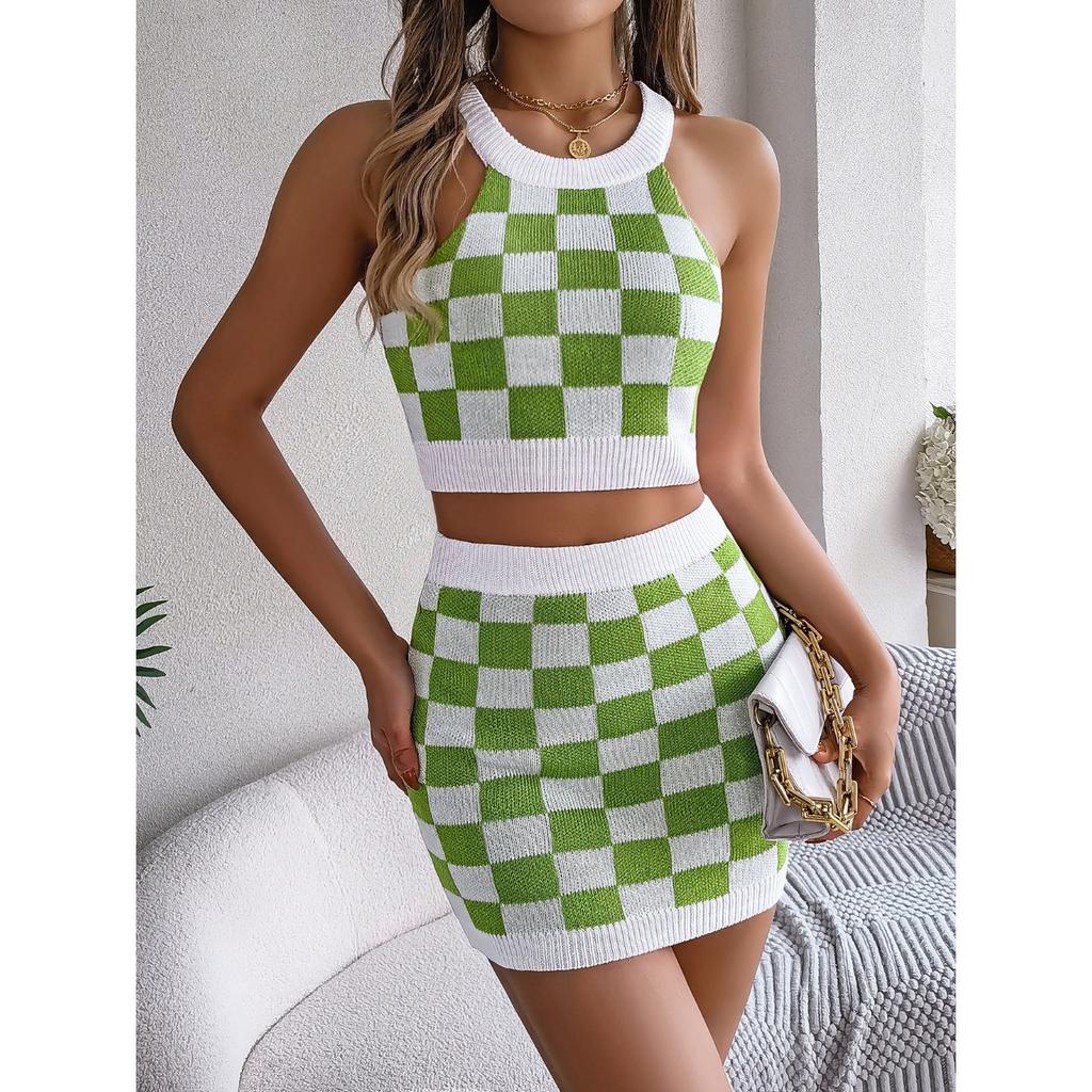HNXC Spring Summer Color-blocking Checkered Crop Top, Hip-hugging Skirt, Knitted Suit Women's Wear