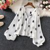 Polka Dot Casual V-Neck Chiffon Single Breasted Lantern Sleeve Folds Women's Blouse Shirt Female Clothing Tops
