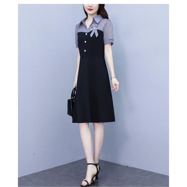 Summer Slimming Short Sleeve Dress with Pearl Splicing Youthful and Belly Covering