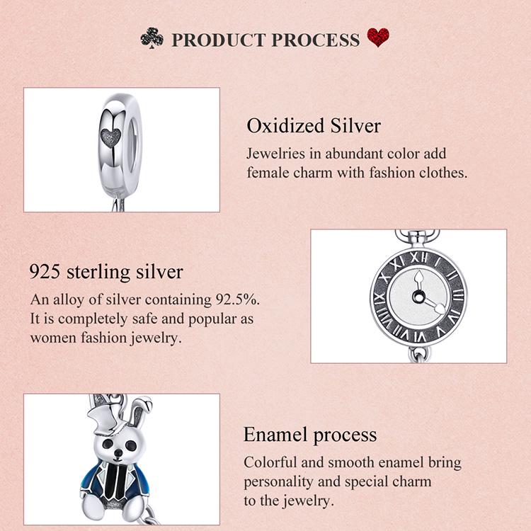 BAMOER Mr. Rabbit Safety Chain 925 Sterling Silver Bunny & Clock Charms Fit Originálny náramok