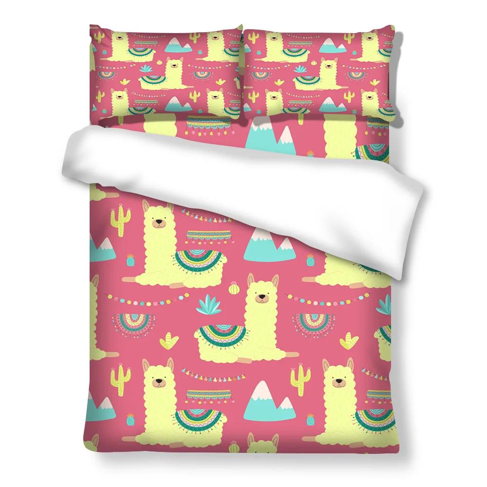 Cartoon Alpaca Duvet Cover King Queen Size Lovely White Animal Bedding Set for Kids Tropical Cactus 2/3pcs Polyester Quilt Cover