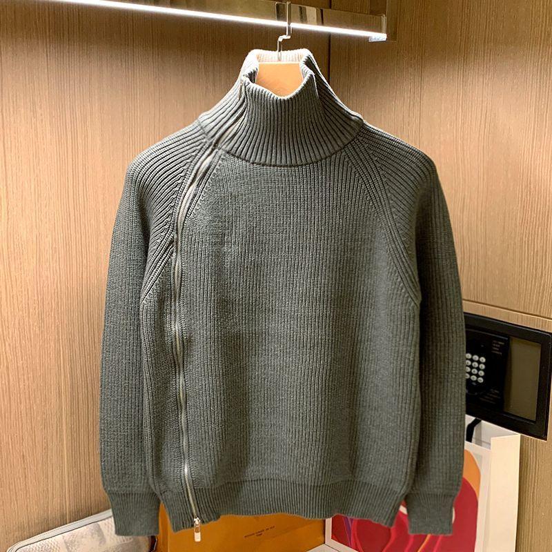 Trendy Brand Solid Color Half Turtleneck Sweater for Men in Winter Personalized Side Zipper Sweater Design Warm Top