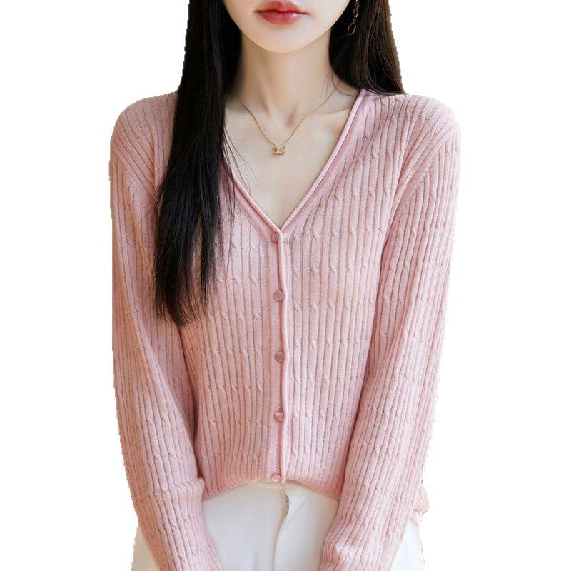 Dámský vlněno-hedvábný kardigan s výstřihem do V a dlouhým rukávem, volného úpletu, jaro/léto 2025